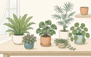 Beginner-friendly houseplants displayed on a simple table for choosing a first plant