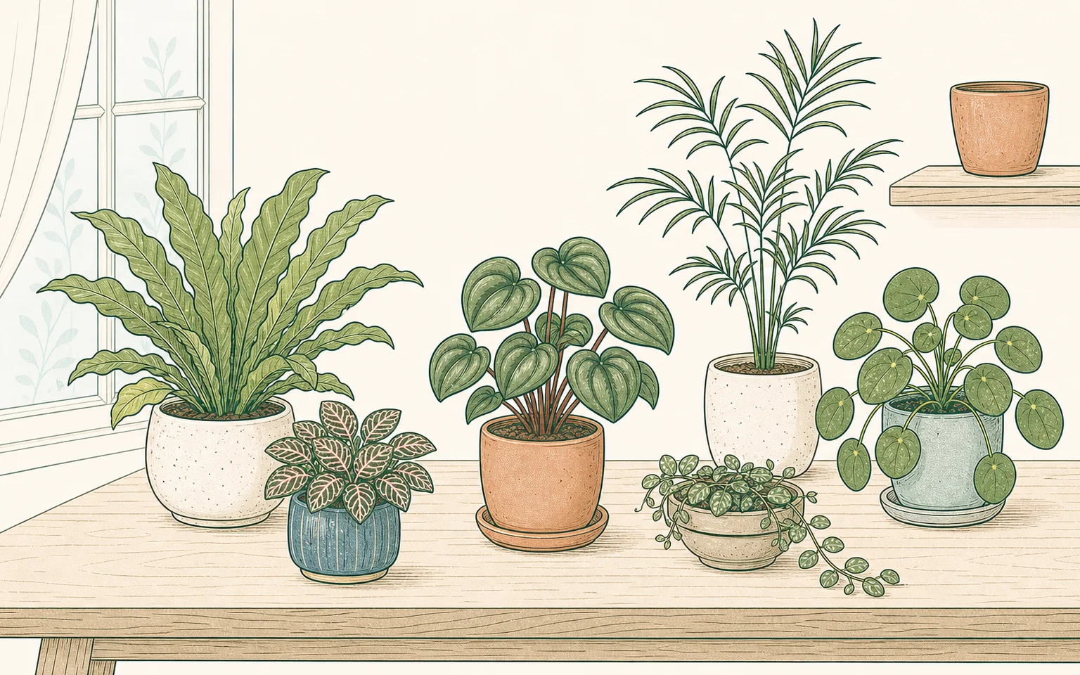 Beginner-friendly houseplants displayed on a simple table for choosing a first plant