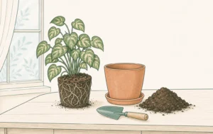 Houseplant root ball beside a new pot, fresh soil, and a small trowel for repotting