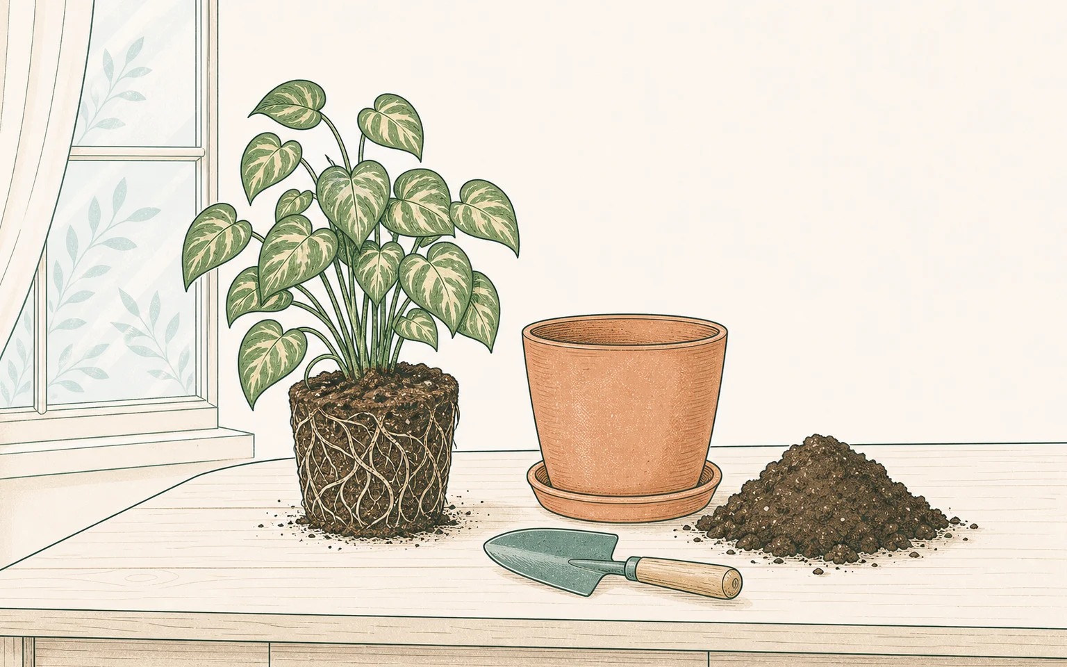 Houseplant root ball beside a new pot, fresh soil, and a small trowel for repotting