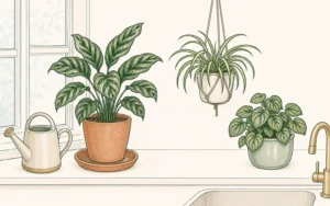 Houseplants beside a watering can and drainage saucer for indoor watering care