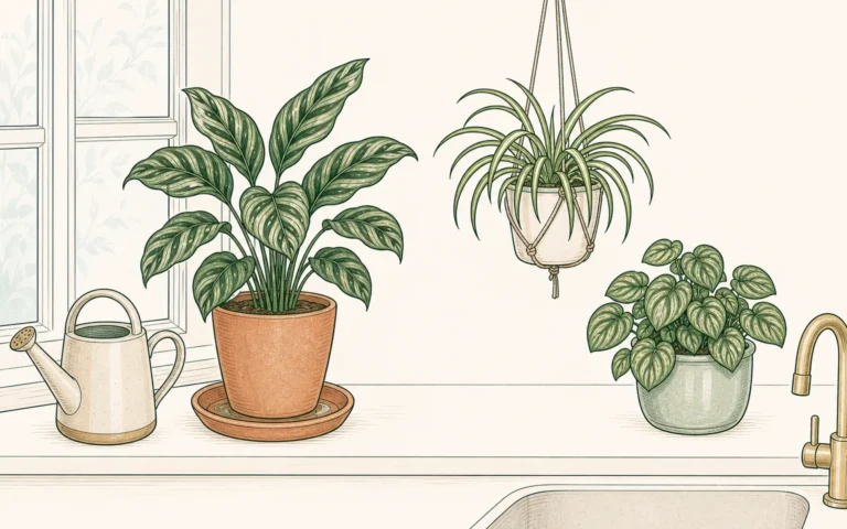 Houseplants beside a watering can and drainage saucer for indoor watering care