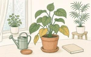 Houseplant with several yellowing leaves beside simple indoor plant care tools