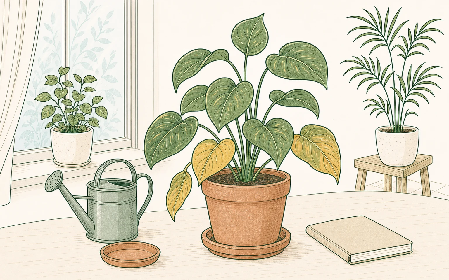 Houseplant with several yellowing leaves beside simple indoor plant care tools