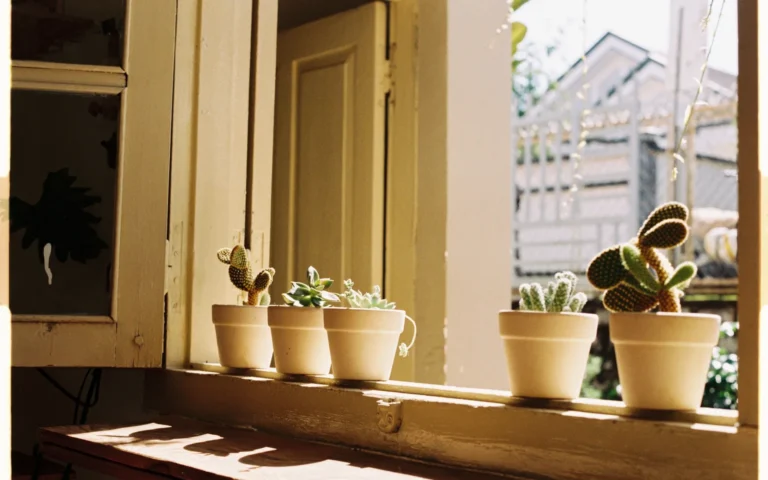 Heat-tolerant potted houseplants arranged near a bright sunny window